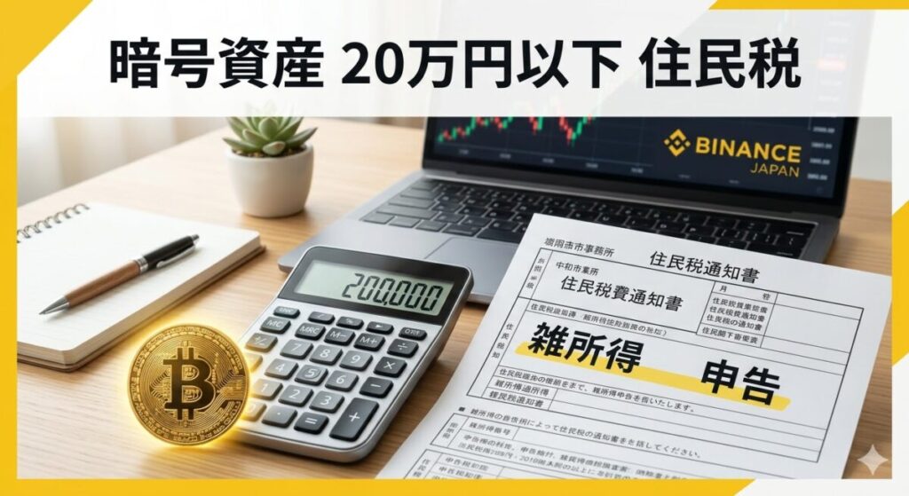 デスクの上にビットコインの金貨、200,000と表示された電卓、そして「住民税」と書かれた日本の公的書類が並んでいる。バイナンスイエローを基調とした、清潔でモダンなデザイン。