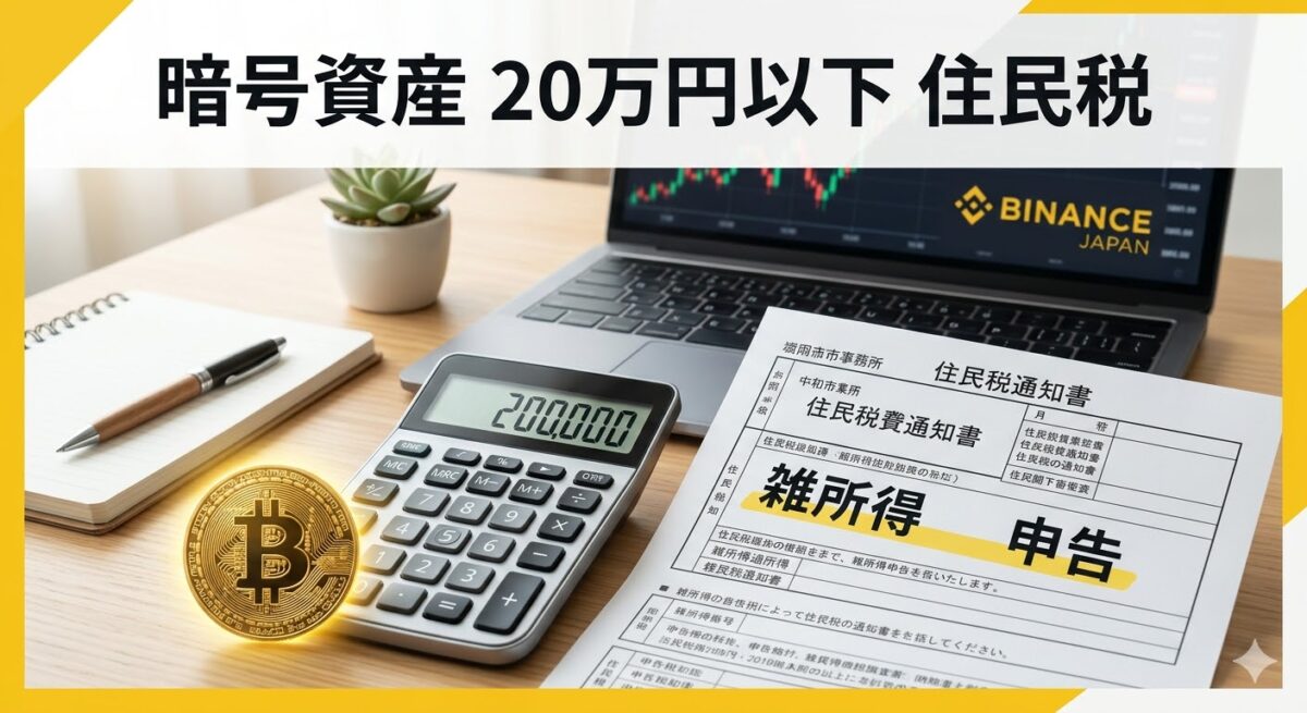 デスクの上にビットコインの金貨、200,000と表示された電卓、そして「住民税」と書かれた日本の公的書類が並んでいる。バイナンスイエローを基調とした、清潔でモダンなデザイン。