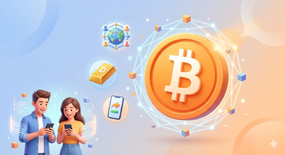 巨大なオレンジ色のビットコイン（₿）コインを中心に、ブロックチェーンのネットワーク構造が広がり、周囲に分散型ネットワーク、デジタルゴールド（金塊）、スマートフォン決済（上向き矢印）のアイコンが浮かんでいる。