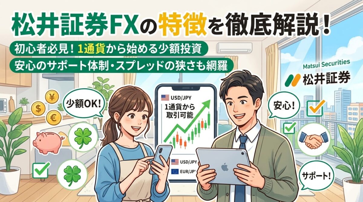 松井証券FX 特徴を徹底解説するアイキャッチ画像。1通貨から取引可能な少額投資のメリットや、安心のサポート体制、スプレッドの狭さを紹介する男女のイラスト。